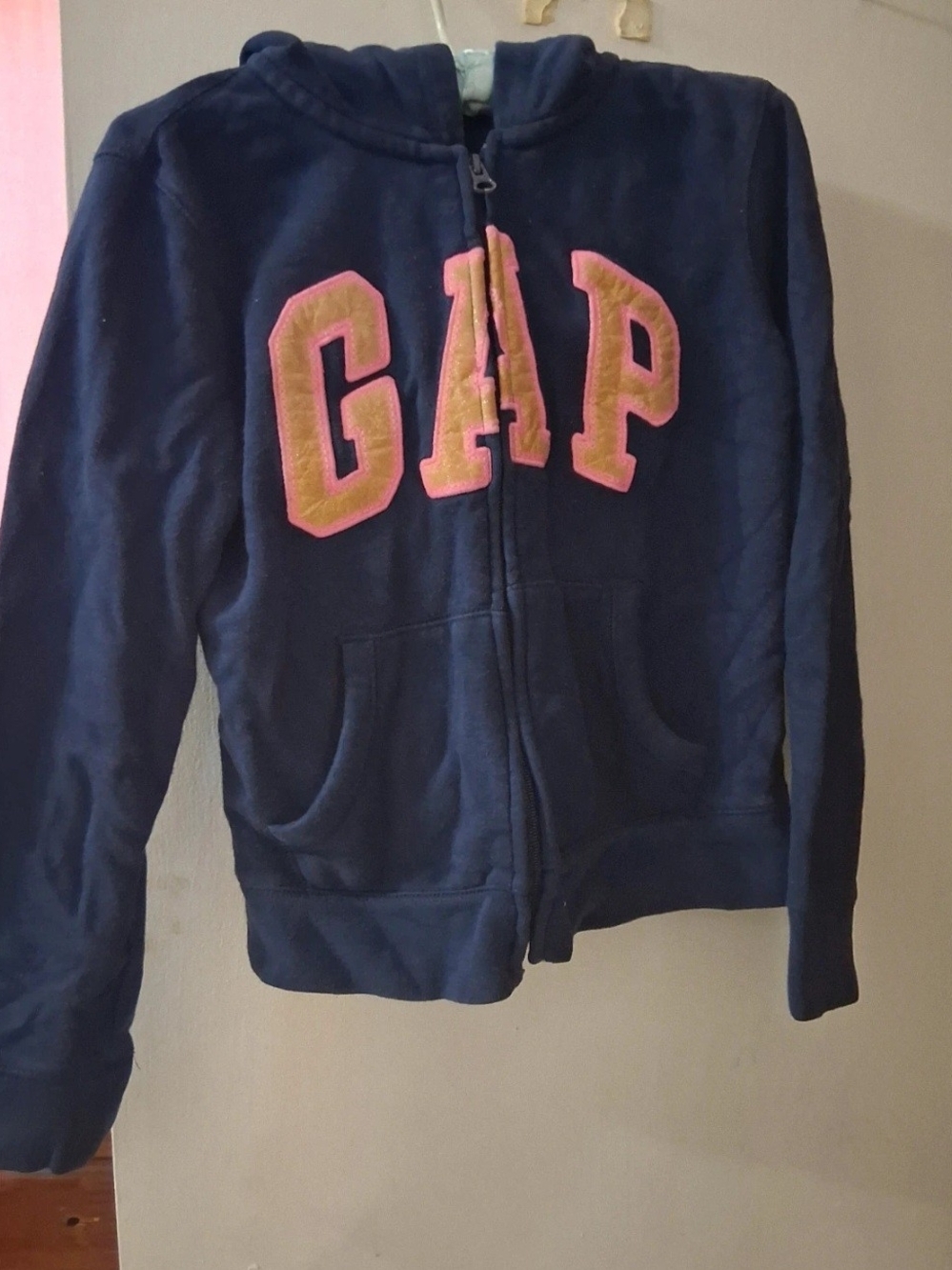 GAP Navy Zip-Up Hoodie with Pink and Gold Lettering